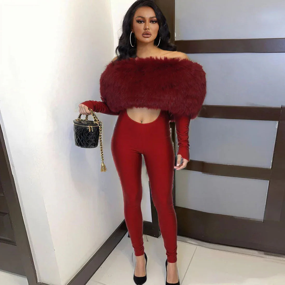 New Women's Off-shoulder Furry Stitching Sexy Midriff-baring Long Sleeve Jumpsuit - DanaFashionstore