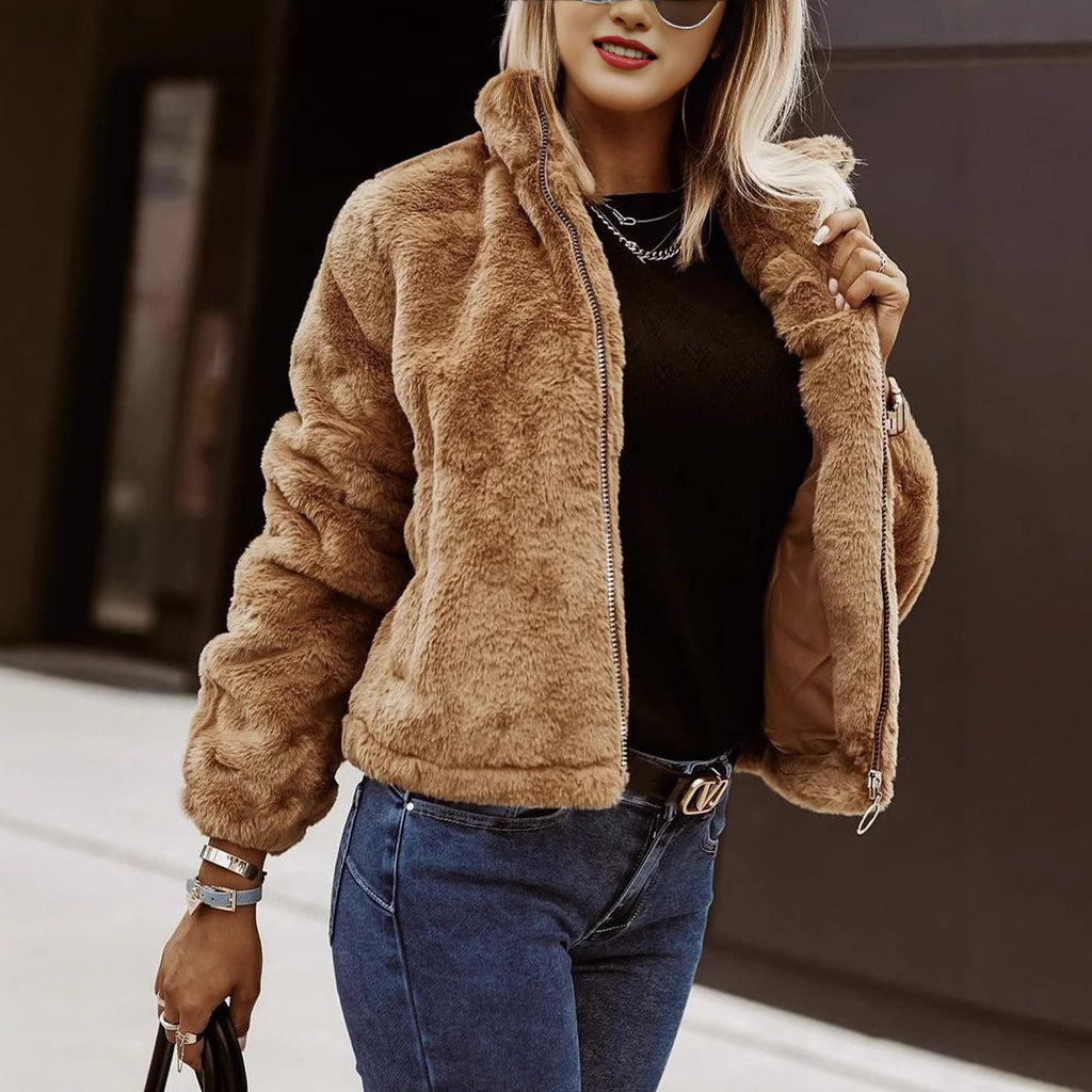 Summer Rabbit Fur Faux Leather Zipper Cardigan Plush Warm Coat