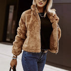 Summer Rabbit Fur Faux Leather Zipper Cardigan Plush Warm Coat