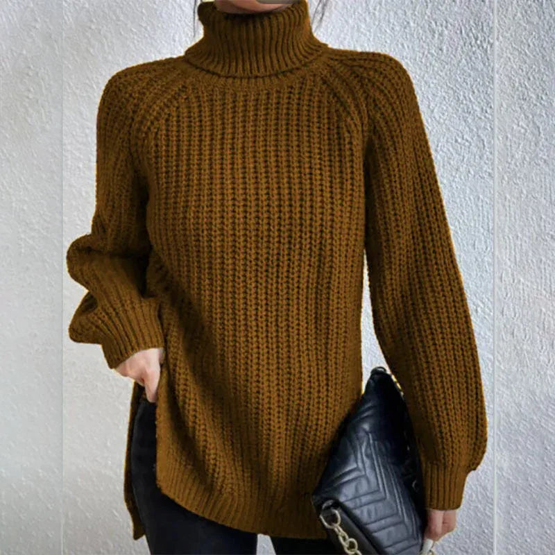 Turtleneck Pullover Sweater With Split Design Fashion Simple Solid Color Long Sleeve Tops Women's Clothing - DanaFashionstore
