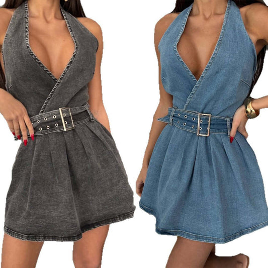 Belt Hanging Collar Backless Denim Dress $59.90 Dana Fashion Color: Black Size: L Women's clothing Product information: Color: blue, black Waist type: elastic waist Size: S,M,L,XL Style type: street fashion Popular elements: no back Style: pullover Fabric