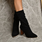 Women's Pointed Toe Block Heel Boots - Winter Suede Mid-Calf Boots