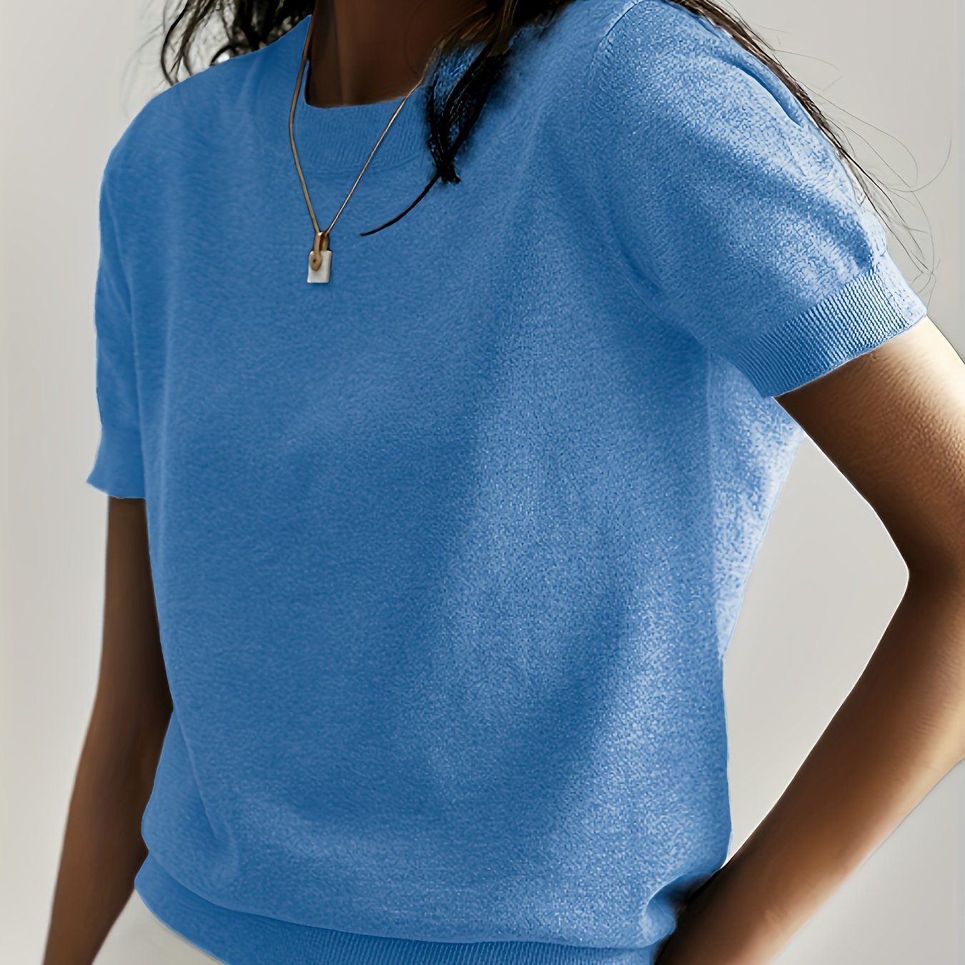 Simple Niche Round Neck Solid Color French Short Sleeve Sweater Sweater