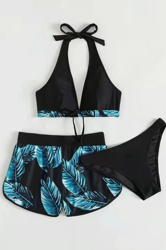 3pcs Leaf Print Bikini With Shorts Fashion Summer Beach Swimsuit Womens Clothing
