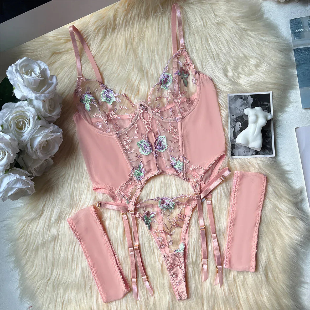 Three-point European And American Style Underwear Mesh Embroidery See-through Suit - DanaFashionstore