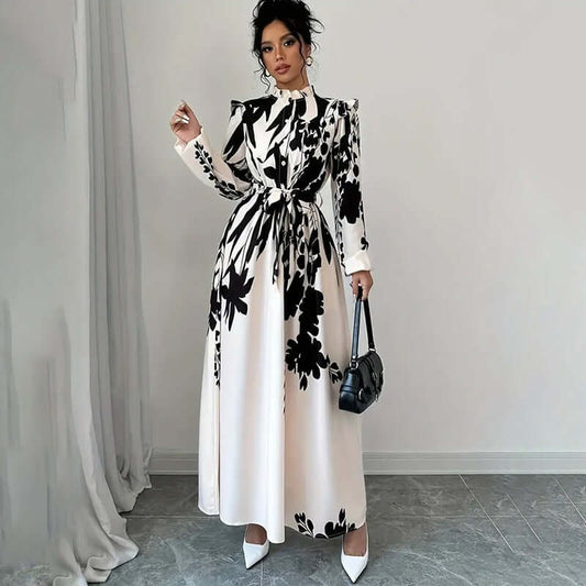 Women's Floral Print Long Sleeve Maxi Dress - Stand Collar A-Line Dress With Waist Detail, Lantern Sleeves & Ruffle Hem For Spring&Fall $103.58 Dana Fashion Color: Apricot black Size: L Women's clothing Women's Elegant Floral Print Long Sleeve Maxi Dress