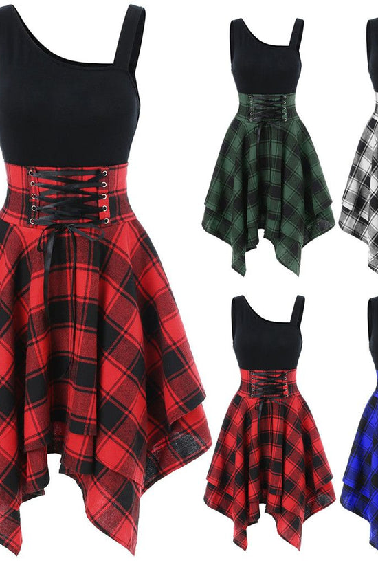 Fashion Plaid Suspender Elastic Waist Irregular Plaid Dress