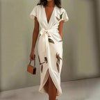 European And American V-neck Short-sleeved Lace-up Digital Printed Dress
