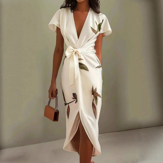 European And American V-neck Short-sleeved Lace-up Digital Printed Dress