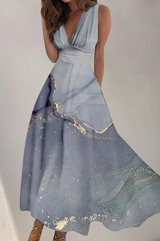 Women's Digital Printing Fashion V-neck Swing Long Dress