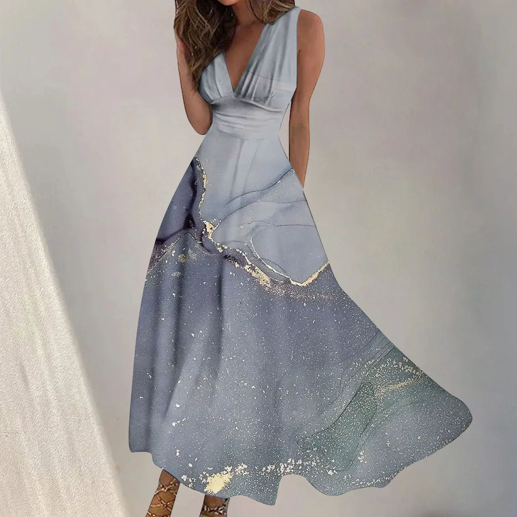 Digital Print V-Neck Swing Dress 2026 - Fashion Long Dress - DanaFashionstore