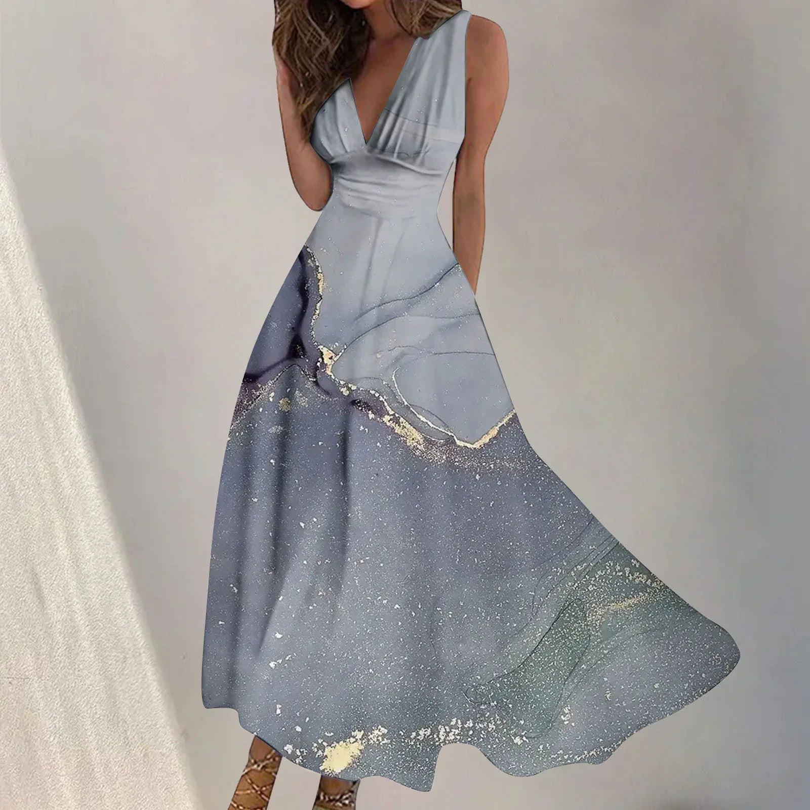 Digital Print V-Neck Swing Dress 2026 - Fashion Long Dress - DanaFashionstore