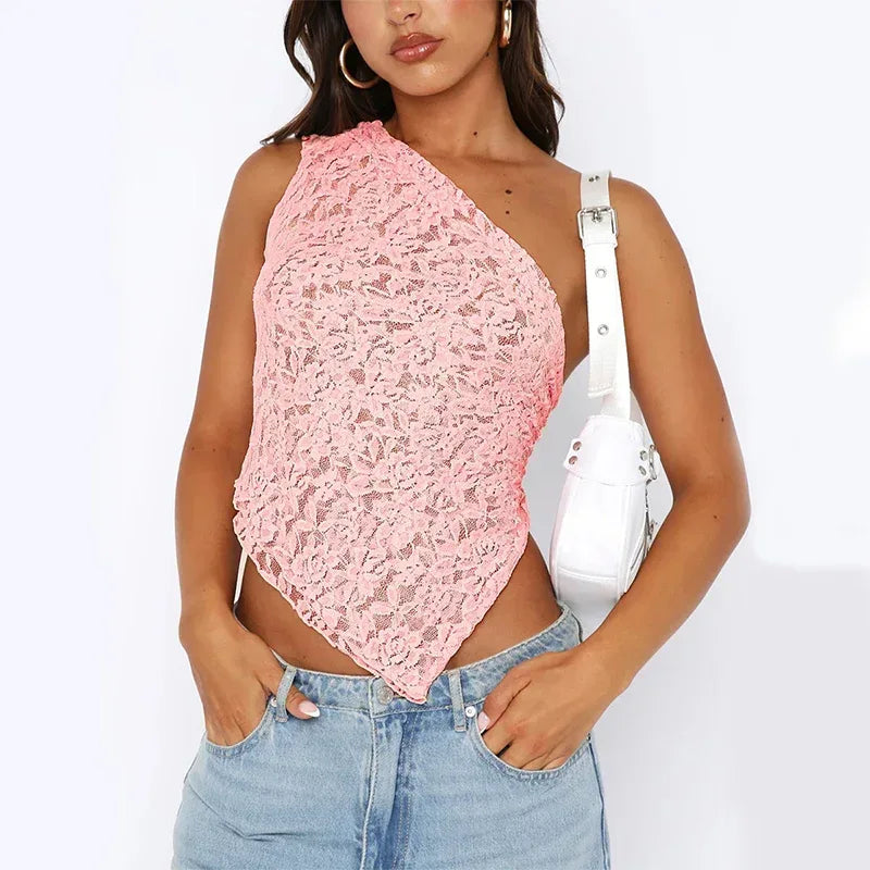 Ins Lace Backless Top Summer Solid Color Waistless Asymmetrical Sloped Neck Vest Streetwear Womens Clothes - DanaFashionstore