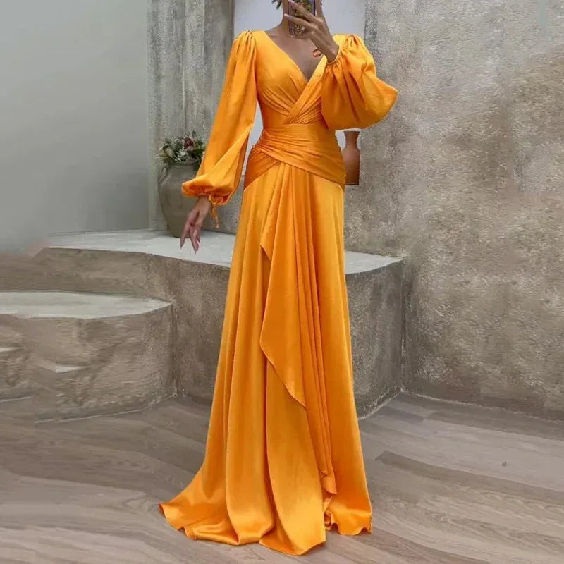 Fitted Waist Pleated Dress 2026 - Long Sleeve Slimming Dress - DanaFashionstore
