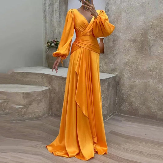Fitted Waist Pleated Long Sleeve Temperament Slimming Dress