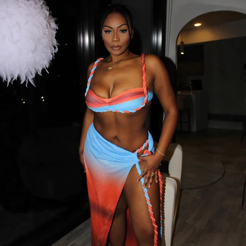 Sexy Fashion Beach Swimsuit Woven Halter Top Top Split Skirt Suit - DanaFashionstore