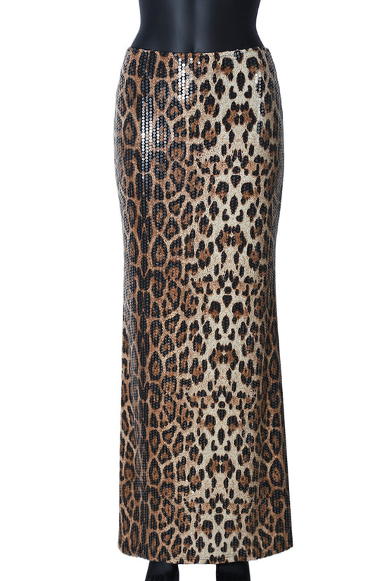 Leopard Print Sequin Stitching Stretch Skirt