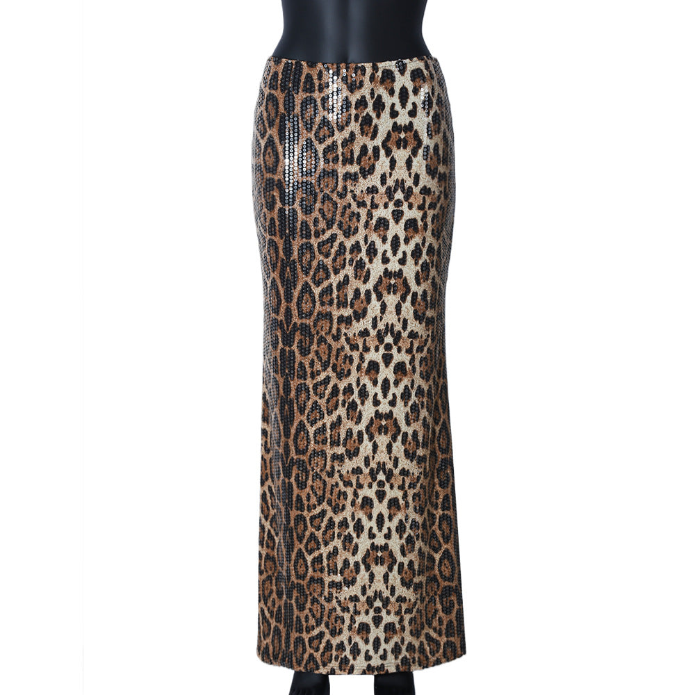 Leopard Print Sequin Stitching Stretch Skirt