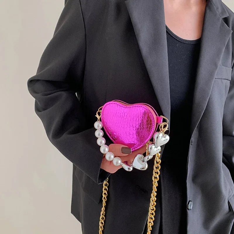 Mini Love-shape Pearls Handbag Fashion Cute Chain Lipstick Bag Women's Bright Candy Color Shoulder Messenger Bag - DanaFashionstore