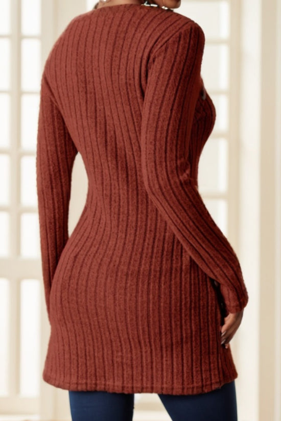 Square Neck Slim Fit Knit Button Decor Slit Hem Slim Fit Casual Long Sleeve T-shirt