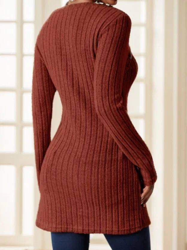 Square Neck Slim Fit Knit Button Decor Slit Hem Slim Fit Casual Long Sleeve T-shirt - DanaFashionstore