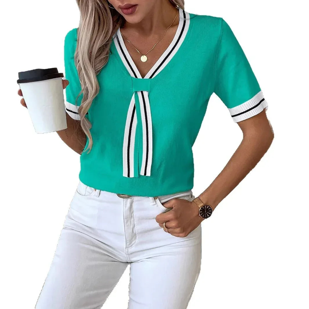 Women's Contrast Color V-neck Short Top Sweater - DanaFashionstore