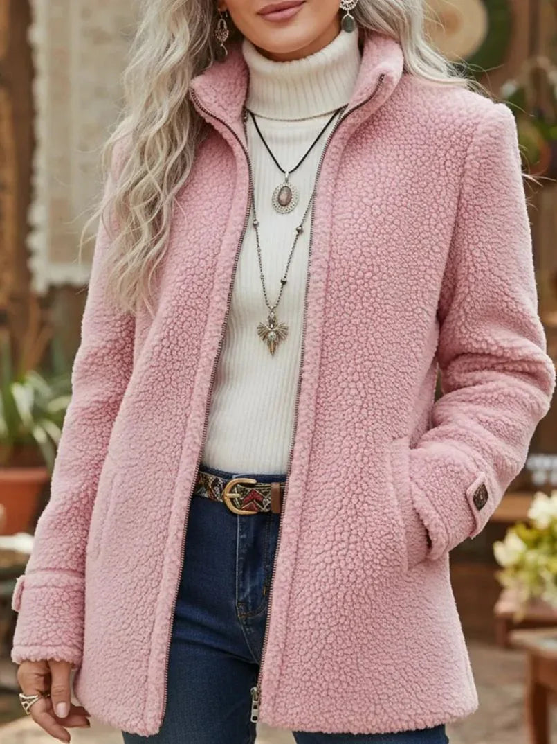 Womens Stand-Up Collar Solid-Color Loose Casual Long-Sleeve Fleece Zip-Up Jacket - DanaFashionstore