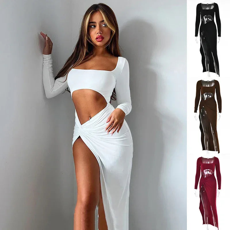 Womens Clothing Long Sleeve Dress Fashion Hollow U-neck Split Dress Party Wedding - DanaFashionstore