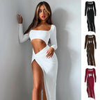Womens Clothing Long Sleeve Dress Fashion Hollow U-neck Split Dress Party Wedding - DanaFashionstore