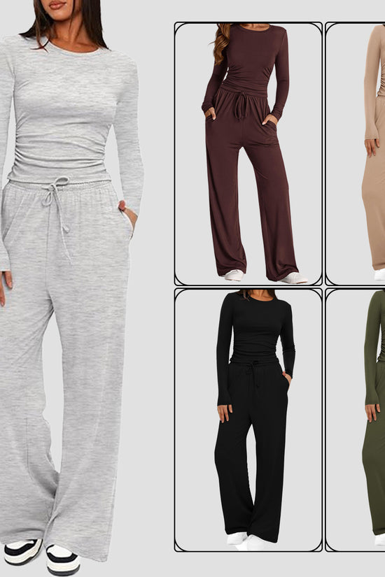 2 Pieces Women's Suit Autumn Winte Long Sleeve Tops High Waisted Wide Leg Pants Sportswear Female Clothes Solid Color Casual Suit