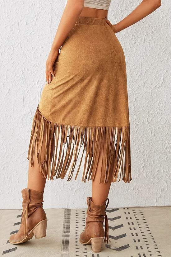 Women's Tassel Edge Asymmetrical Hem Solid Color Skirt - Dana Fashion