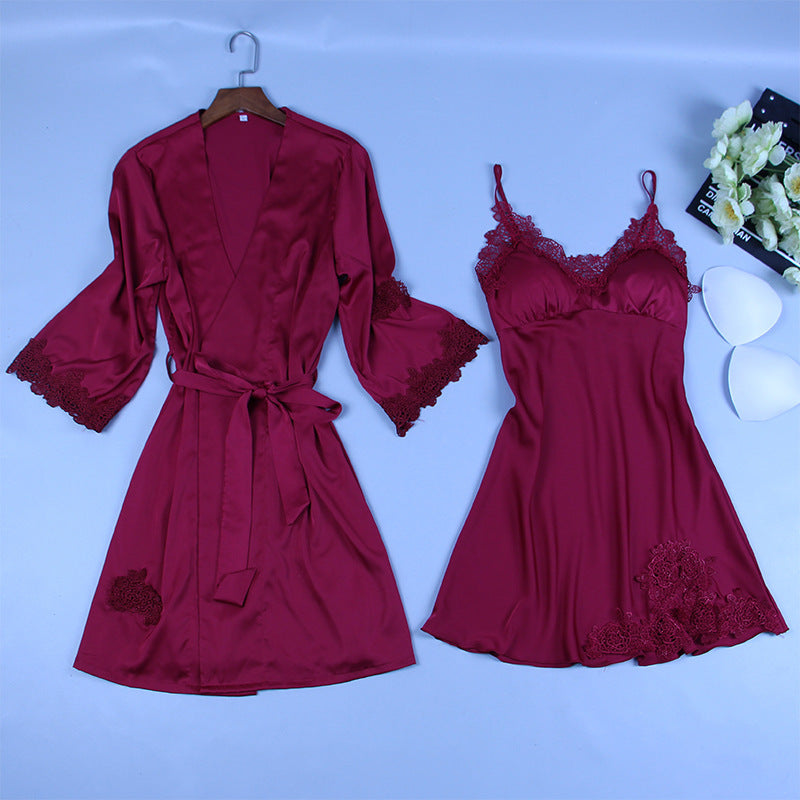 Long Sleeve Ice Silk Sling Nightgown Suit - Dana Fashion