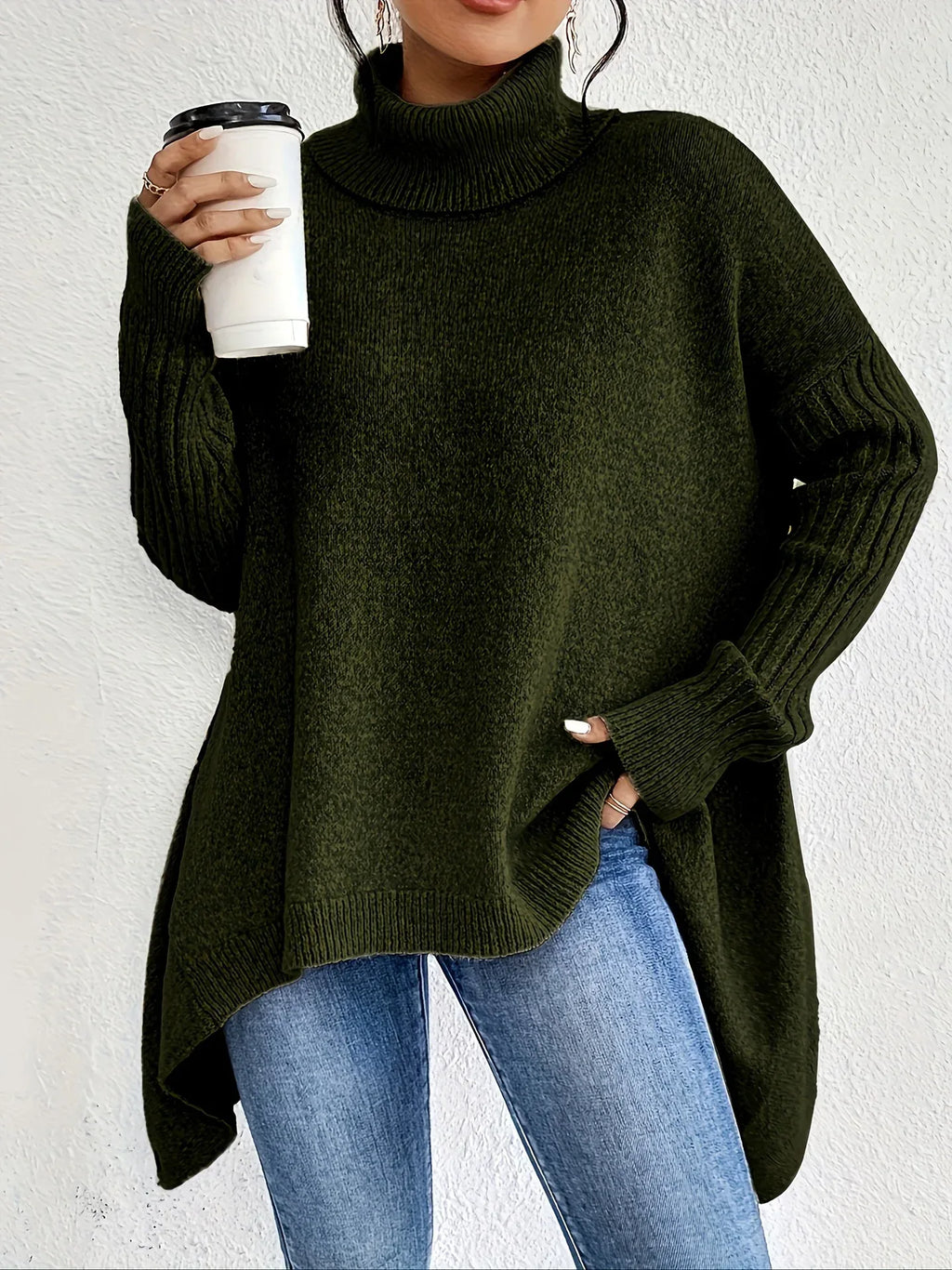 Irregular Turtleneck Sweater Winter Loose Long Sleeve Knitted Tops Leisure Warm Pullover Sweater Women's Clothing - DanaFashionstore