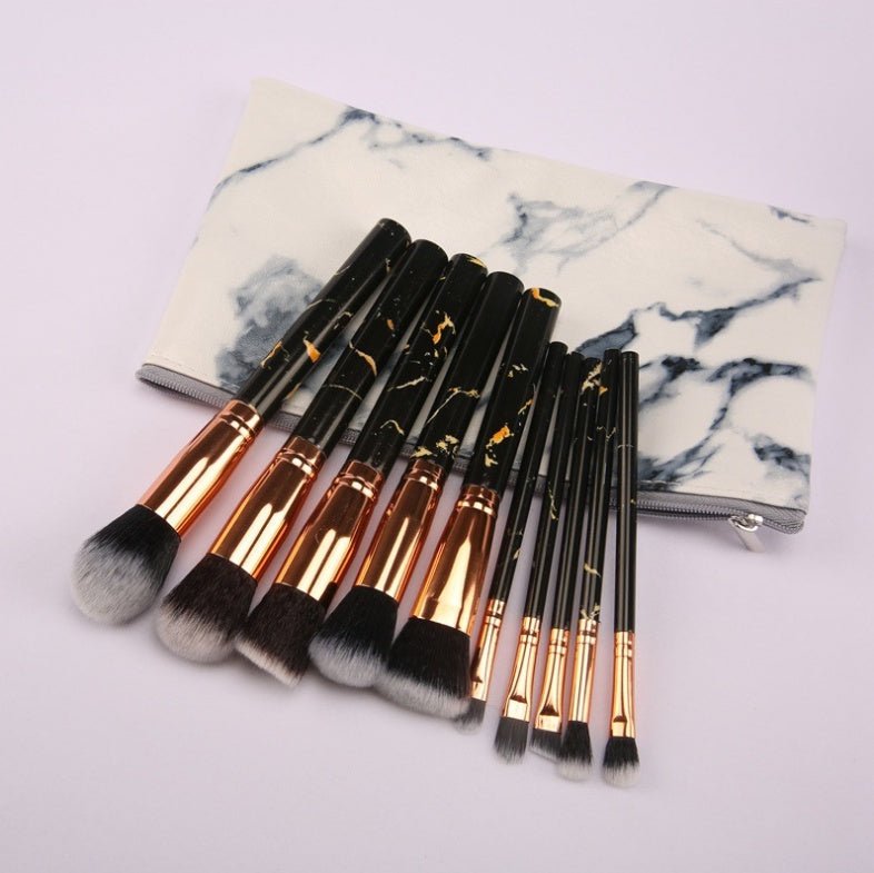 10 marble makeup brush sets, beauty tools, blush, eye shadow, face modification, 5 big 5 small explosions. $19.00 Dana Fashion Color: Black style: Zipper bag makeup Set of brush count: 10 Brush material: rayon Brush type: PU Handle material: plastic Handl