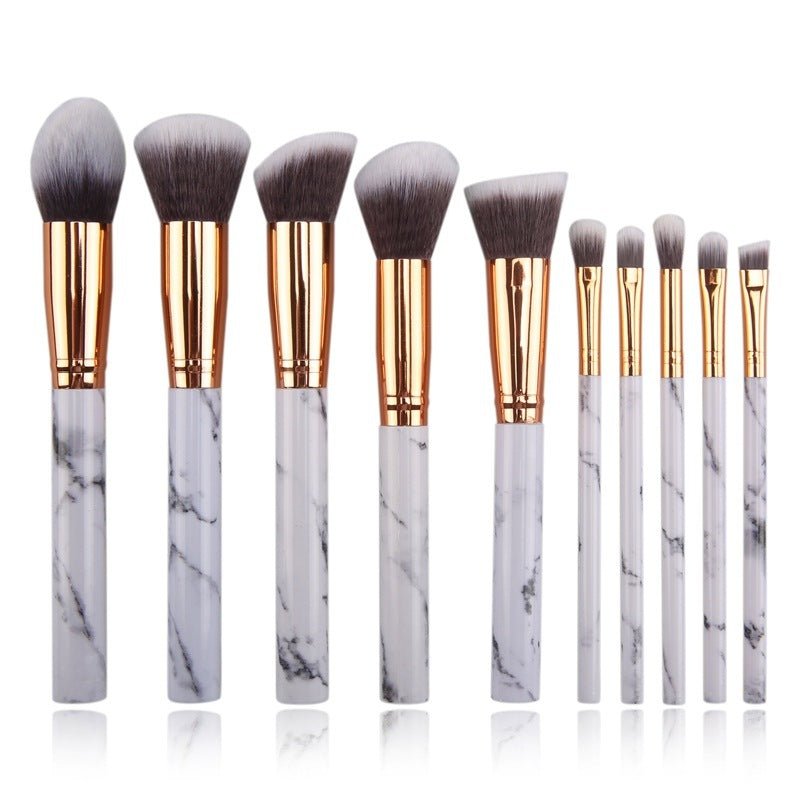 10 marble makeup brush sets, beauty tools, blush, eye shadow, face modification, 5 big 5 small explosions. $15.00 Dana Fashion Color: White style: Opp makeup Set of brush count: 10 Brush material: rayon Brush type: PU Handle material: plastic Handle speci