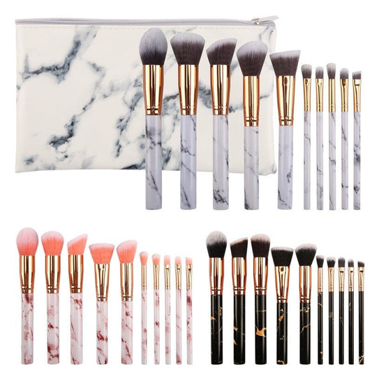 10 marble makeup brush sets, beauty tools, blush, eye shadow, face modification, 5 big 5 small explosions. $15.00 Dana Fashion Color: Black style: Opp makeup Set of brush count: 10 Brush material: rayon Brush type: PU Handle material: plastic Handle speci