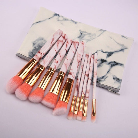 10 marble makeup brush sets, beauty tools, blush, eye shadow, face modification, 5 big 5 small explosions. $20.00 Dana Fashion Color: Pink style: Zipper bag makeup Set of brush count: 10 Brush material: rayon Brush type: PU Handle material: plastic Handle