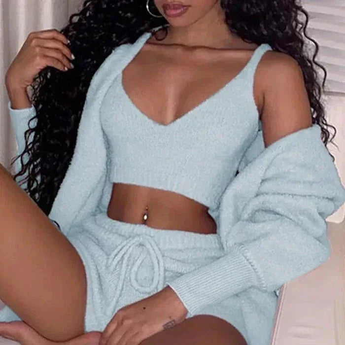 3pcs Womens Clothing Long Sleeve Crop Tank Top And Drawstring Shorts Pajama Set - DanaFashionstore