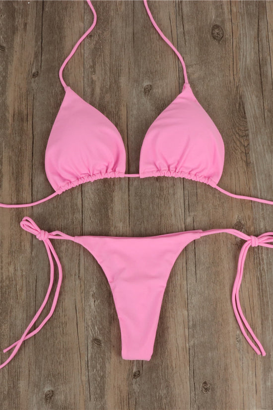 2pcs Halterneck Lace-up Bikini Women Summer Solid Color Sexy Split Strap Adjustable Swimsuit Suit