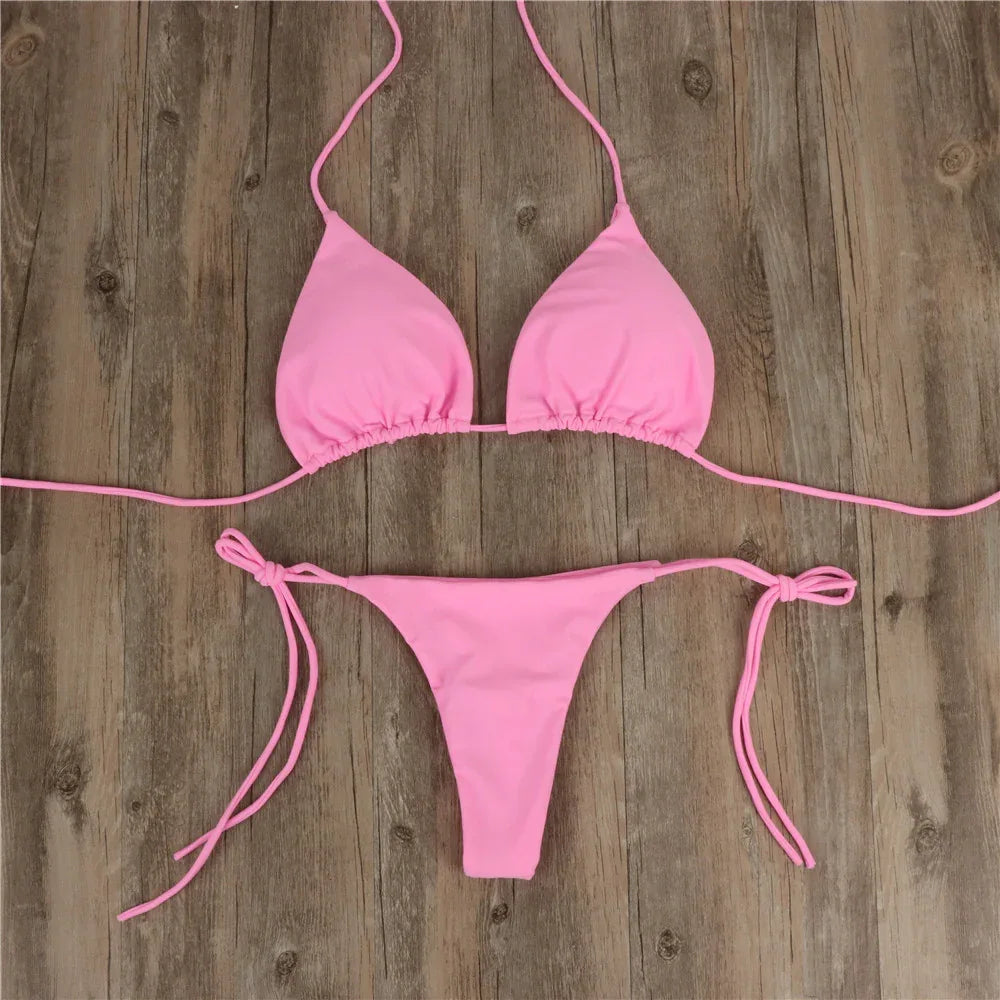 2pcs Halterneck Lace-up Bikini Women Summer Solid Color Sexy Split Strap Adjustable Swimsuit Suit - DanaFashionstore