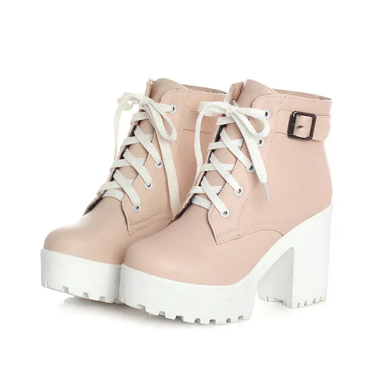Sponge cake chunky heel plus size lace-up Martin boots - DanaFashionstore