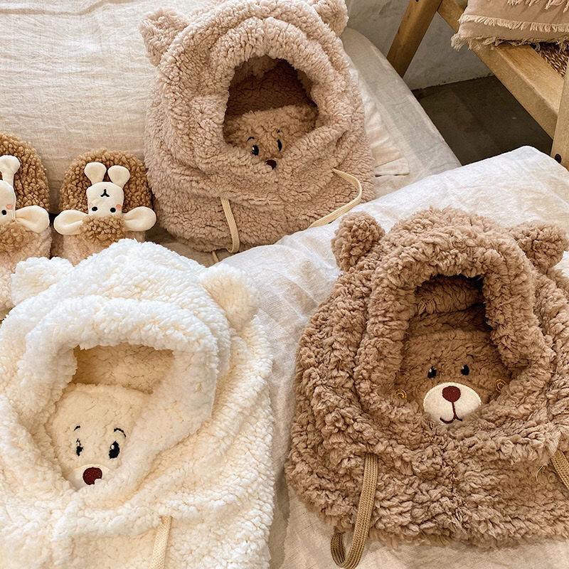 Cute Bear Plush Hat Winter Warm Thickened Scarf With Mask Anf Drawstring Design - DanaFashionstore