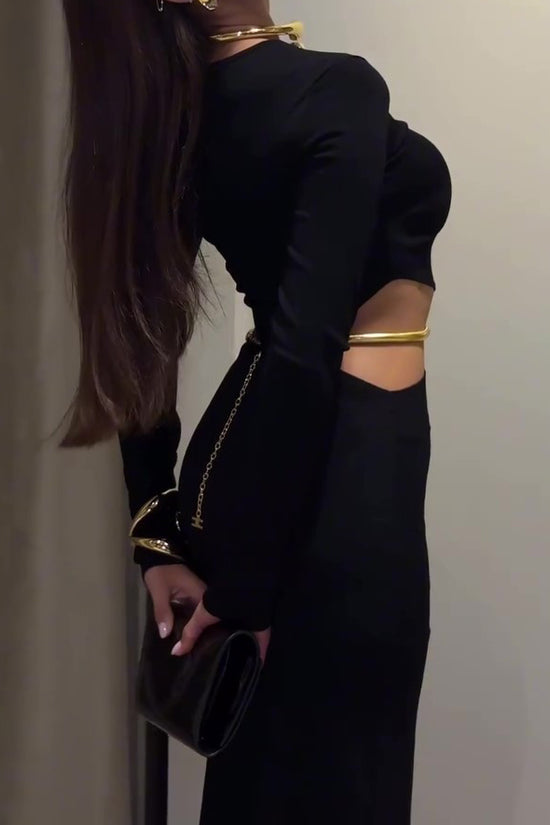 Black Cutout Waist Long-Sleeve Maxi Dress