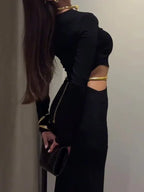 Black Cutout Waist Maxi Dress 2026 - Long-Sleeve Evening Dress - DanaFashionstore