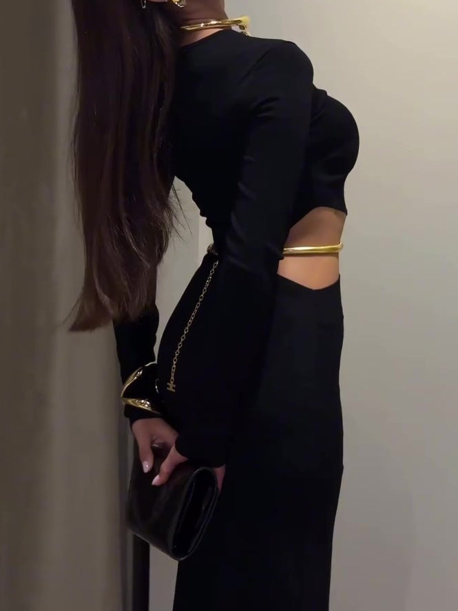 Black Cutout Waist Long-Sleeve Maxi Dress