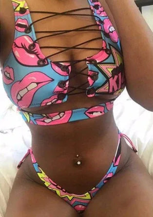 Pineapple Bikini for big boob Women Lace Up Swimwear Thong bikini set two pieces Swimsuit Bathing Suit female - DanaFashionstore
