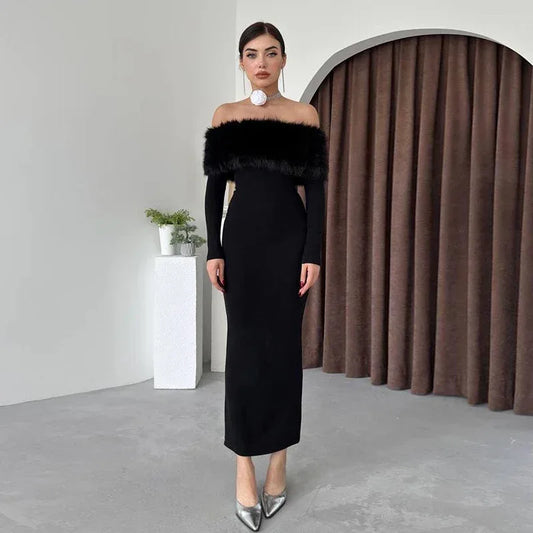 Off-shoulder Fur Collar Slim Fit Dress Women - DanaFashionstore