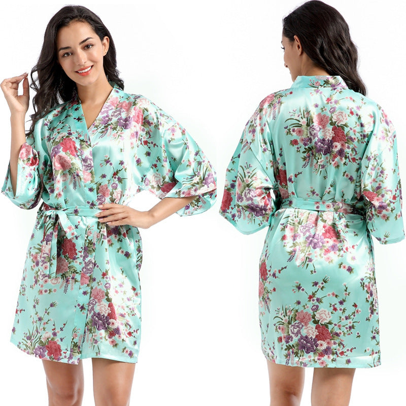 Home Short Cardigan Nightgown Plus Size Loose Silk Printing Morning Gowns - Dana Fashion