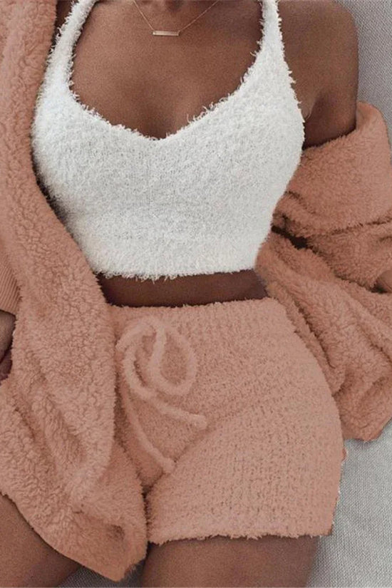 3pcs Womens Clothing Long Sleeve Crop Tank Top And Drawstring Shorts Pajama Set - DanaFashionstore