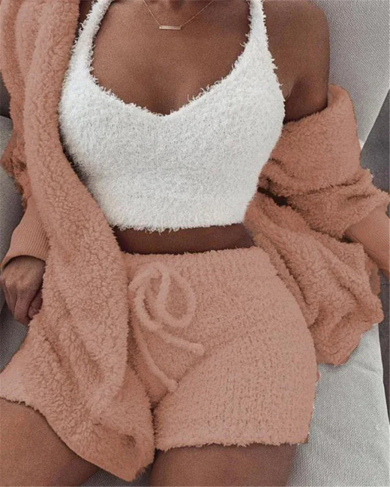 3pcs Womens Clothing Long Sleeve Crop Tank Top And Drawstring Shorts Pajama Set - DanaFashionstore